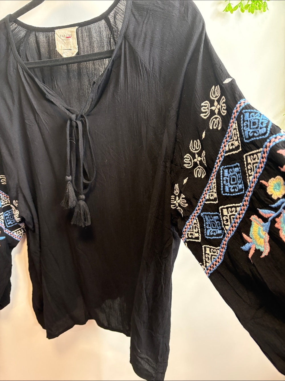 Harper Black Embroidered Peasant Tunic with Blue & White Accents - Picture 5 of 9